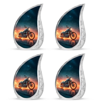 Navy Blue Bike Cremation Urn close-up of engraving and surface detail - flowing teardrop bike silhouette on curved aluminum - 10 inch aluminum urn for cremated remains