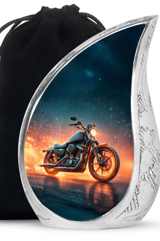 Celestial Blue Bike Cremation Urn front view showing detailed design - rounded teardrop bike design with delicate detail - full-size 10 inch 200 cubic inch adult cremation urn