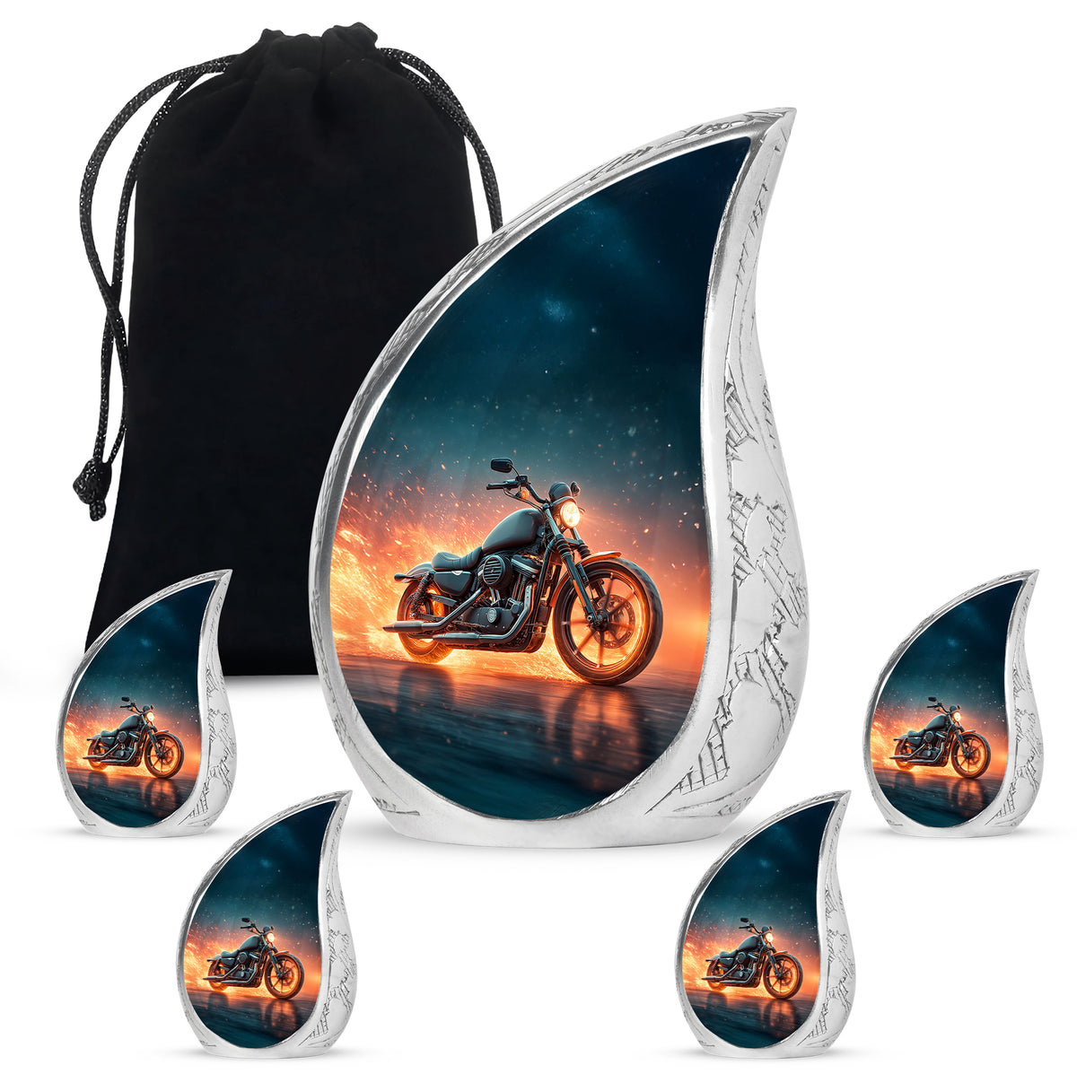 Azure Bike Cremation Urn side profile showing urn shape - flowing teardrop bike silhouette on curved aluminum - memorial set with one large and four small urns
