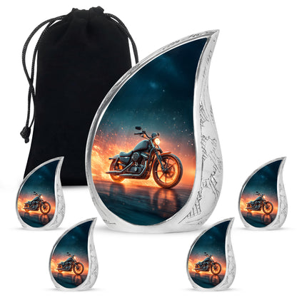 Azure Bike Cremation Urn side profile showing urn shape - flowing teardrop bike silhouette on curved aluminum - memorial set with one large and four small urns