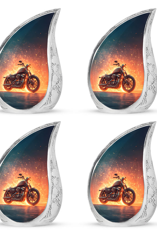 Azure Bike Cremation Urn close-up of engraving and surface detail - rounded teardrop bike design with delicate detail - 10 inch aluminum urn for cremated remains