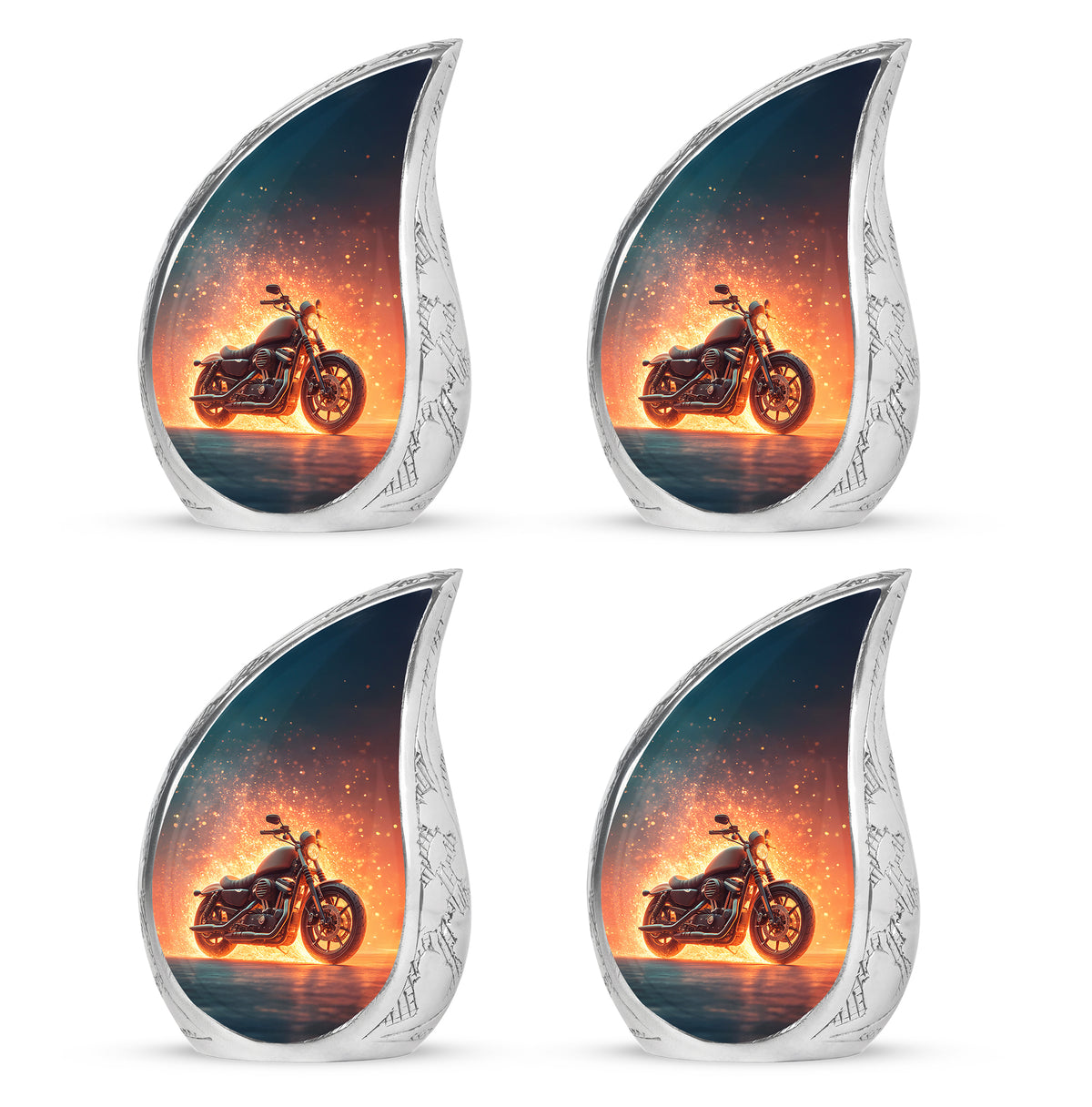 Azure Bike Cremation Urn close-up of engraving and surface detail - rounded teardrop bike design with delicate detail - 10 inch aluminum urn for cremated remains