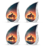 Azure Bike Cremation Urn close-up of engraving and surface detail - rounded teardrop bike design with delicate detail - 10 inch aluminum urn for cremated remains