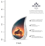 Powder Blue Bike Cremation Urn angled view of lid and engraved motif - rounded teardrop bike design with delicate detail - mini keepsake memorial for portion of cremation ashes