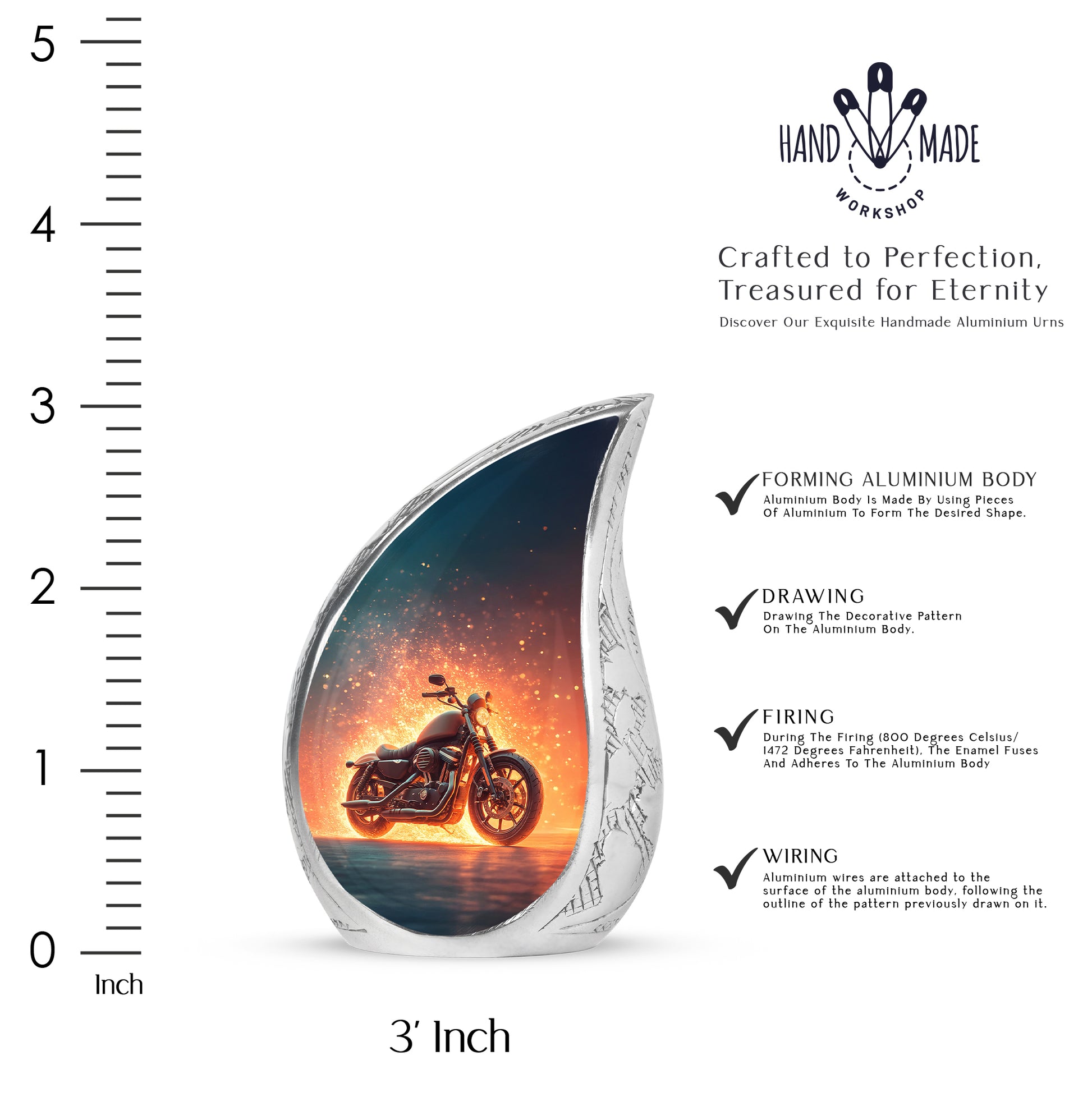 Powder Blue Bike Cremation Urn angled view of lid and engraved motif - rounded teardrop bike design with delicate detail - mini keepsake memorial for portion of cremation ashes