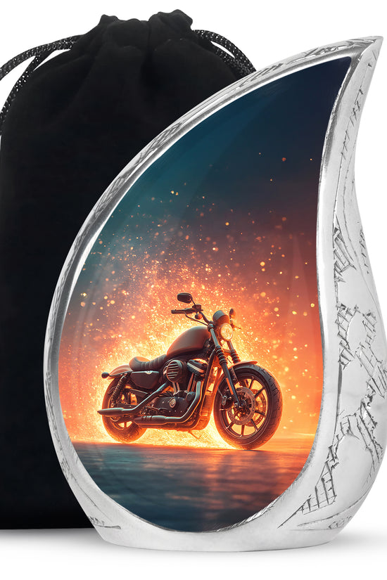 Celestial Blue Bike Cremation Urn front view showing detailed design - rounded teardrop bike design with delicate detail - full-size 10 inch 200 cubic inch adult cremation urn