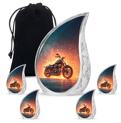 Twilight Blue Bike Cremation Urn side profile showing urn shape - graceful tear-shaped urn with bike motif - memorial set with one large and four small urns