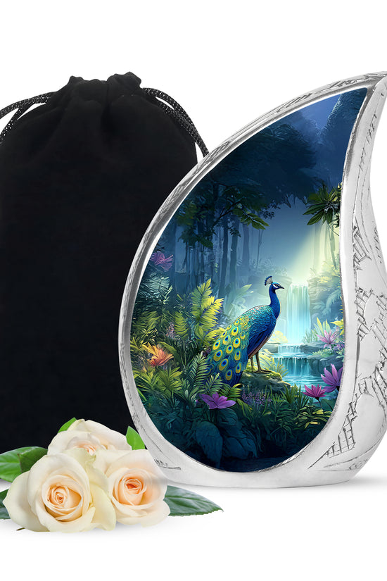 Blue Peacock Cremation Urn - Forest Waterfall Funeral Urn For Adult Ashes
