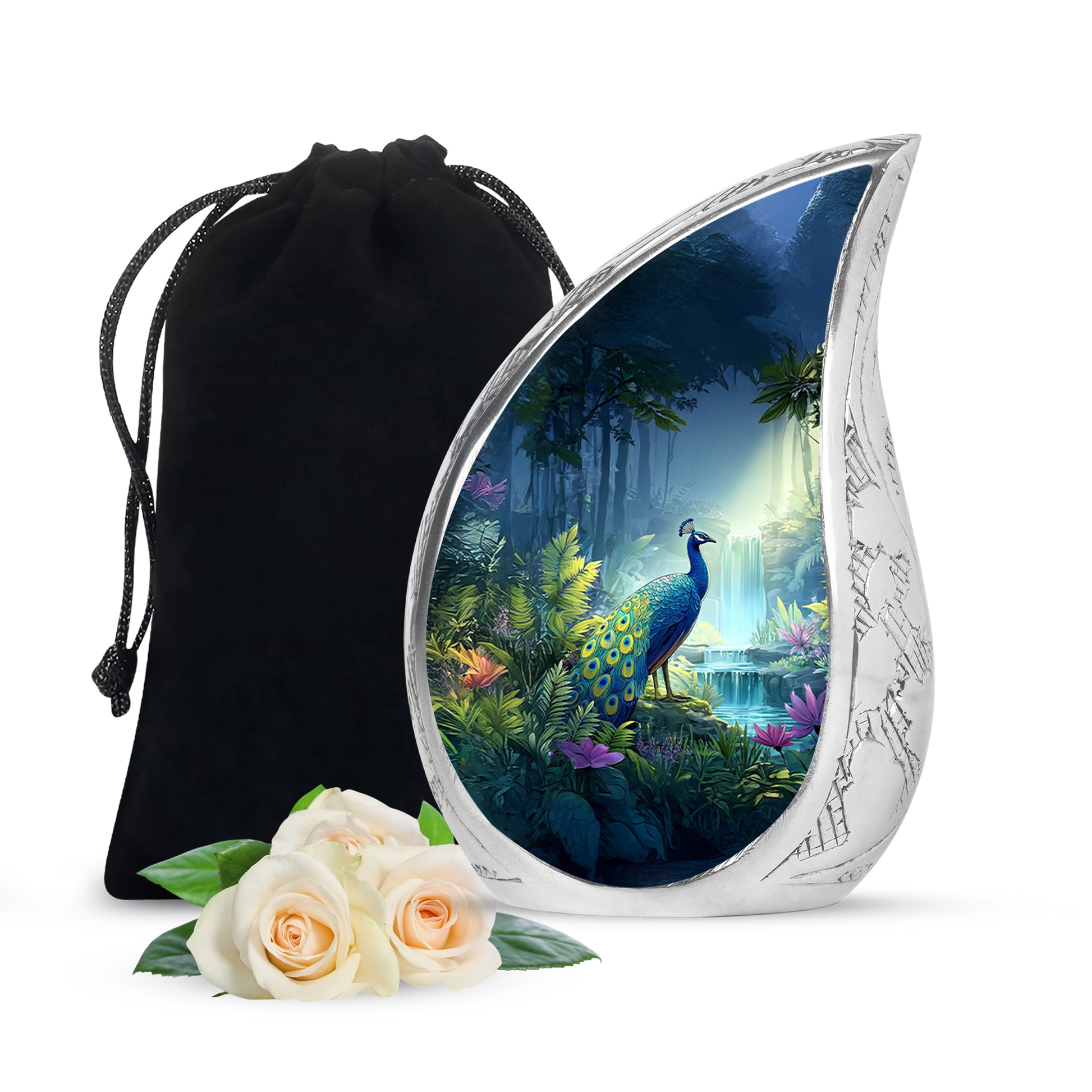 Blue Peacock Cremation Urn - Forest Waterfall Funeral Urn For Adult Ashes