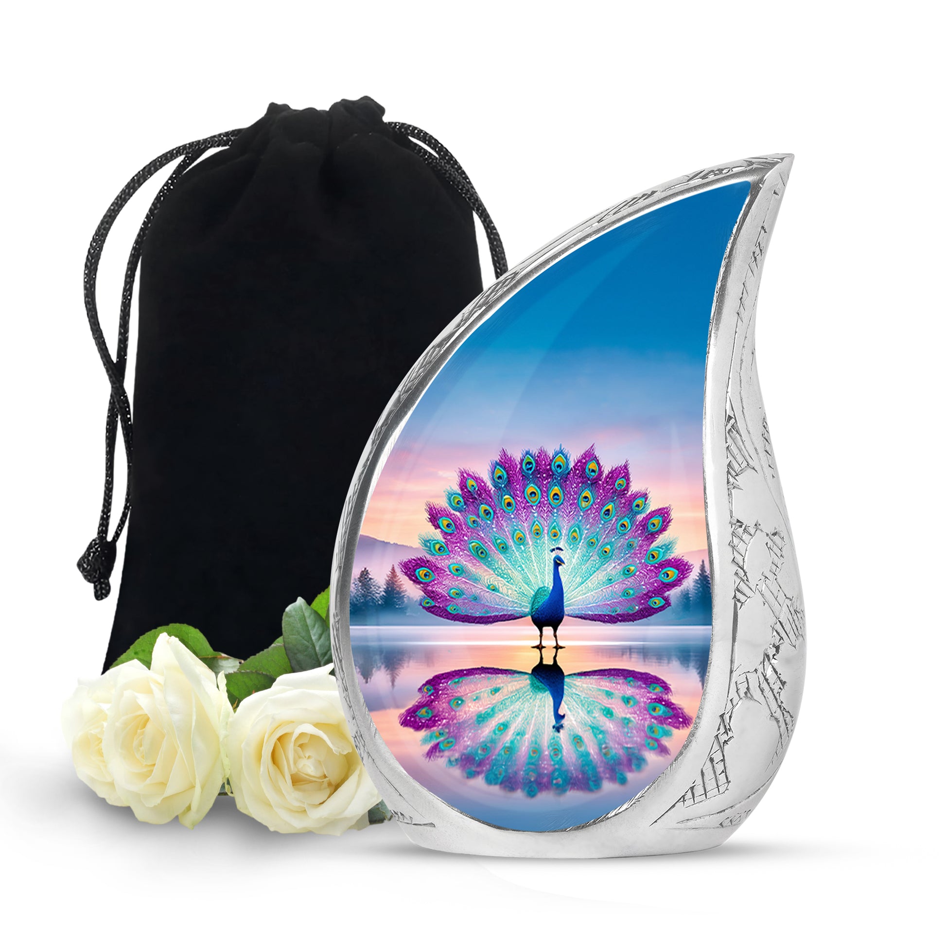 Colorful Peacock Cremation Urn - Sunset Lake Memorial Urn For Human Ashes