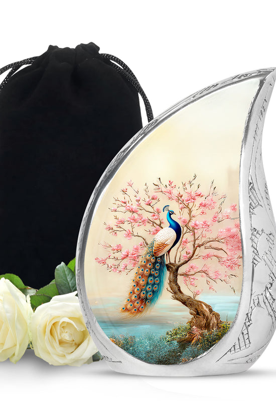Elegant Peacock Floral Urn - Cherry Blossom Cremation Urn For Loved Ones