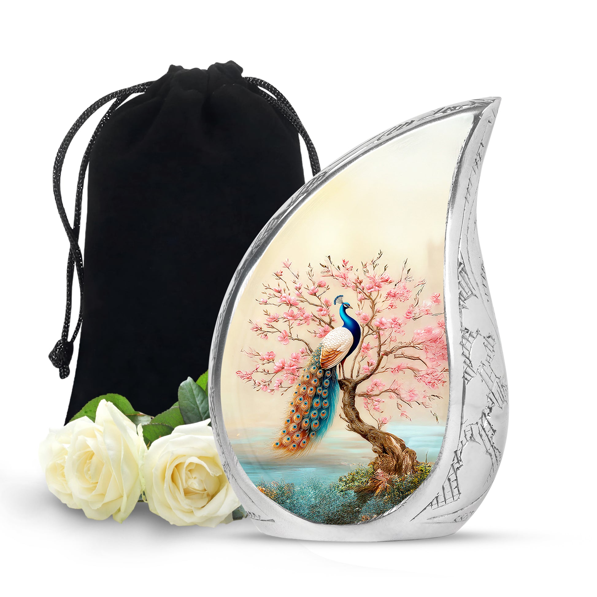 Elegant Peacock Floral Urn - Cherry Blossom Cremation Urn For Loved Ones