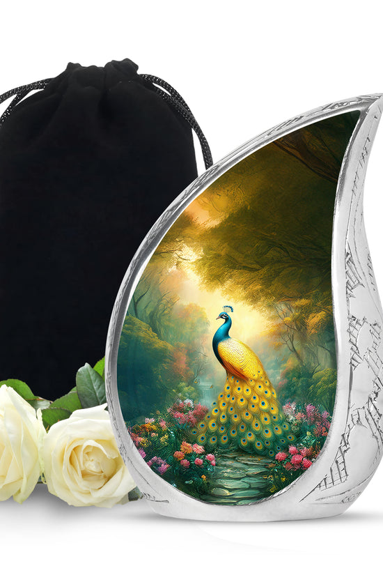 Golden Peacock Memorial Urn - Peaceful Nature Funeral Urn For Burial