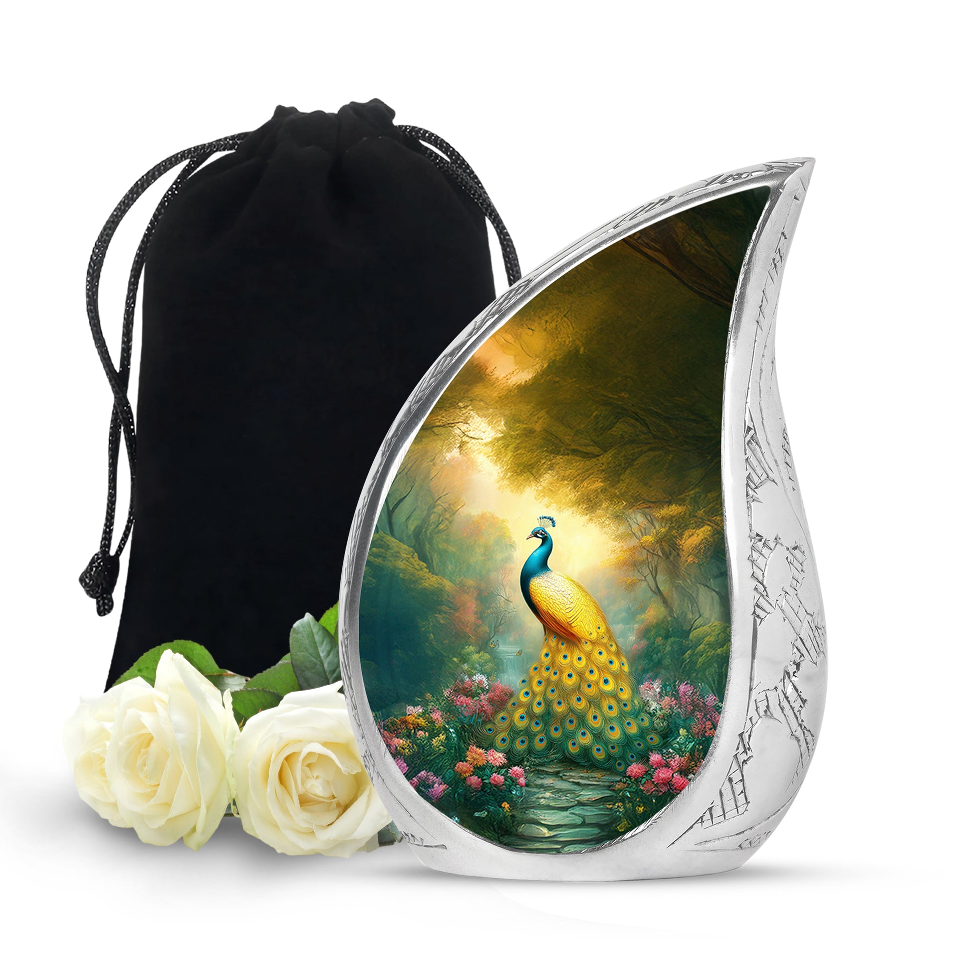 Golden Peacock Memorial Urn - Peaceful Nature Funeral Urn For Burial