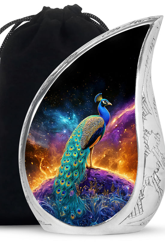 Peacock Galaxy Memorial Urn - Beautiful Black Aluminium Urn For Adult Ashes