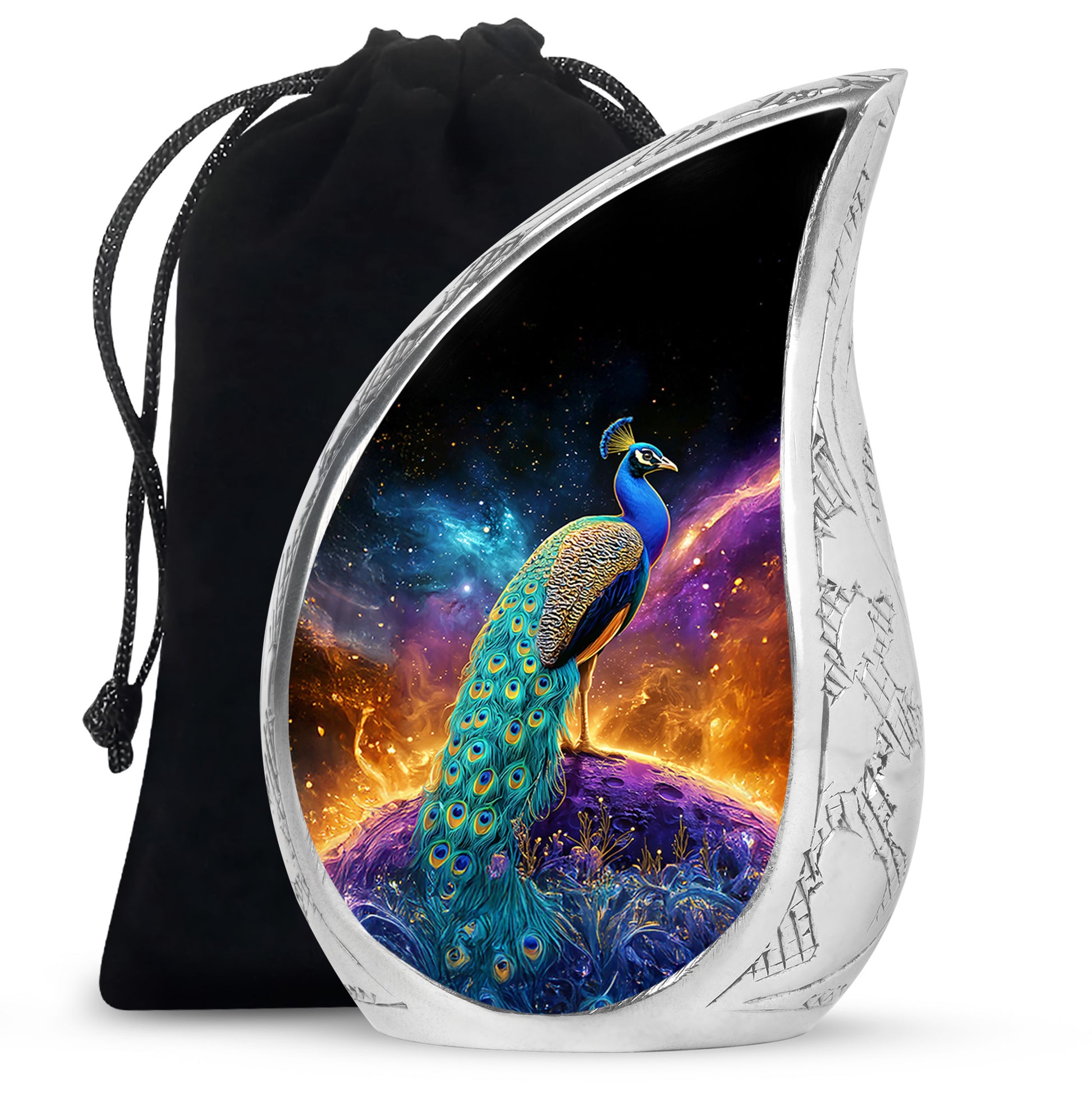 Peacock Galaxy Memorial Urn - Beautiful Black Aluminium Urn For Adult Ashes