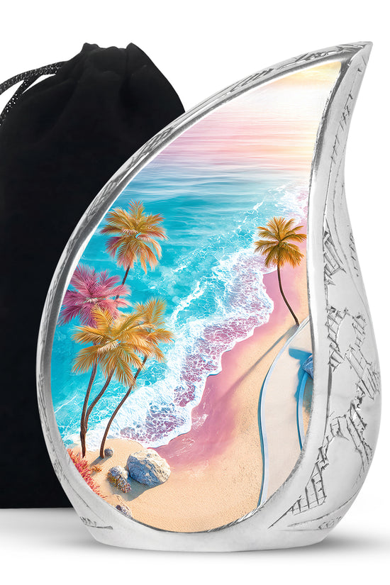 Blue Sea Urn Memorial For Ashes - Palm Trees Cremation Urn For Men
