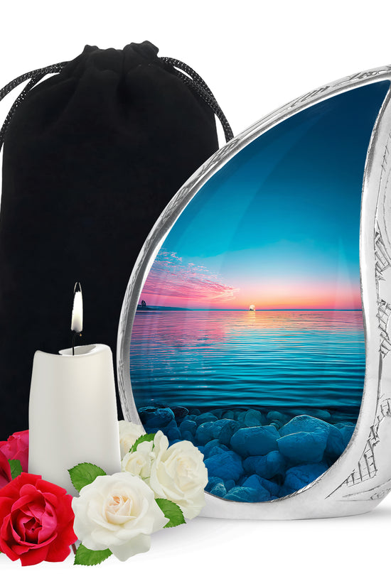 Blue Ocean Memorial Urn For Funeral - Sunset Cremation Urn For Ashes