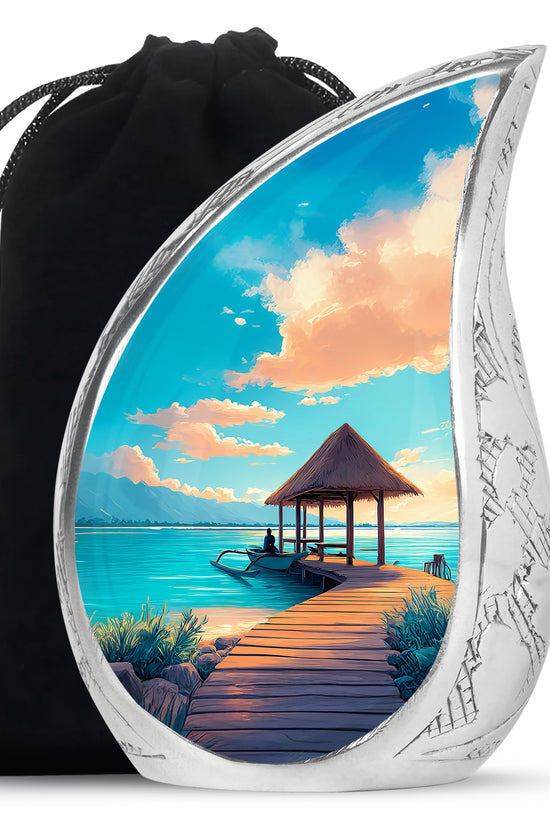 Beautiful Beach Cremation Urn - Blue Aluminum Funeral Urn For Burial