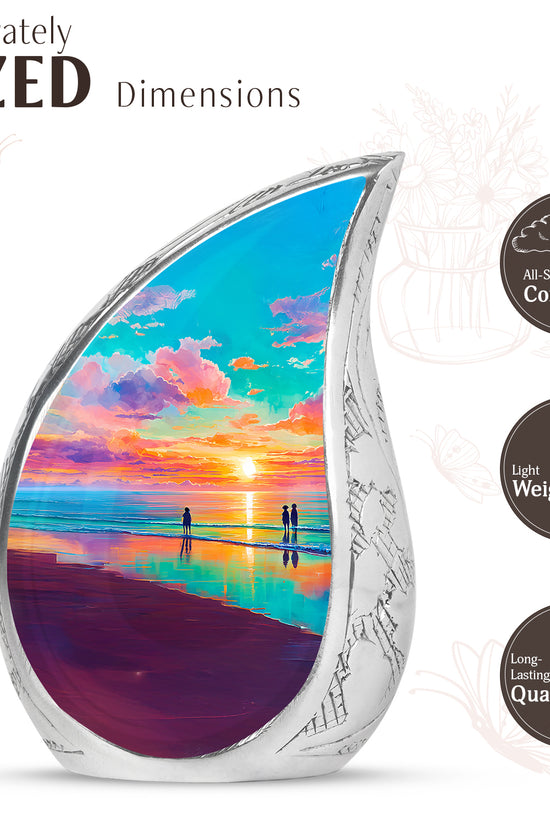 Deep Teal Beach Cremation Urn angled view of lid and engraved motif - graceful tear-shaped urn with beach motif - mini keepsake memorial for portion of cremation ashes