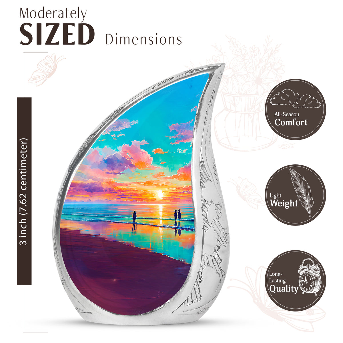 Deep Teal Beach Cremation Urn angled view of lid and engraved motif - graceful tear-shaped urn with beach motif - mini keepsake memorial for portion of cremation ashes