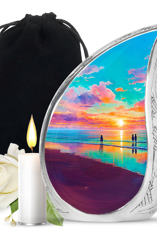 Tropical Teal Beach Cremation Urn front view showing detailed design - graceful tear-shaped urn with beach motif - full-size 10 inch 200 cubic inch adult cremation urn