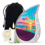 Tropical Teal Beach Cremation Urn front view showing detailed design - graceful tear-shaped urn with beach motif - full-size 10 inch 200 cubic inch adult cremation urn