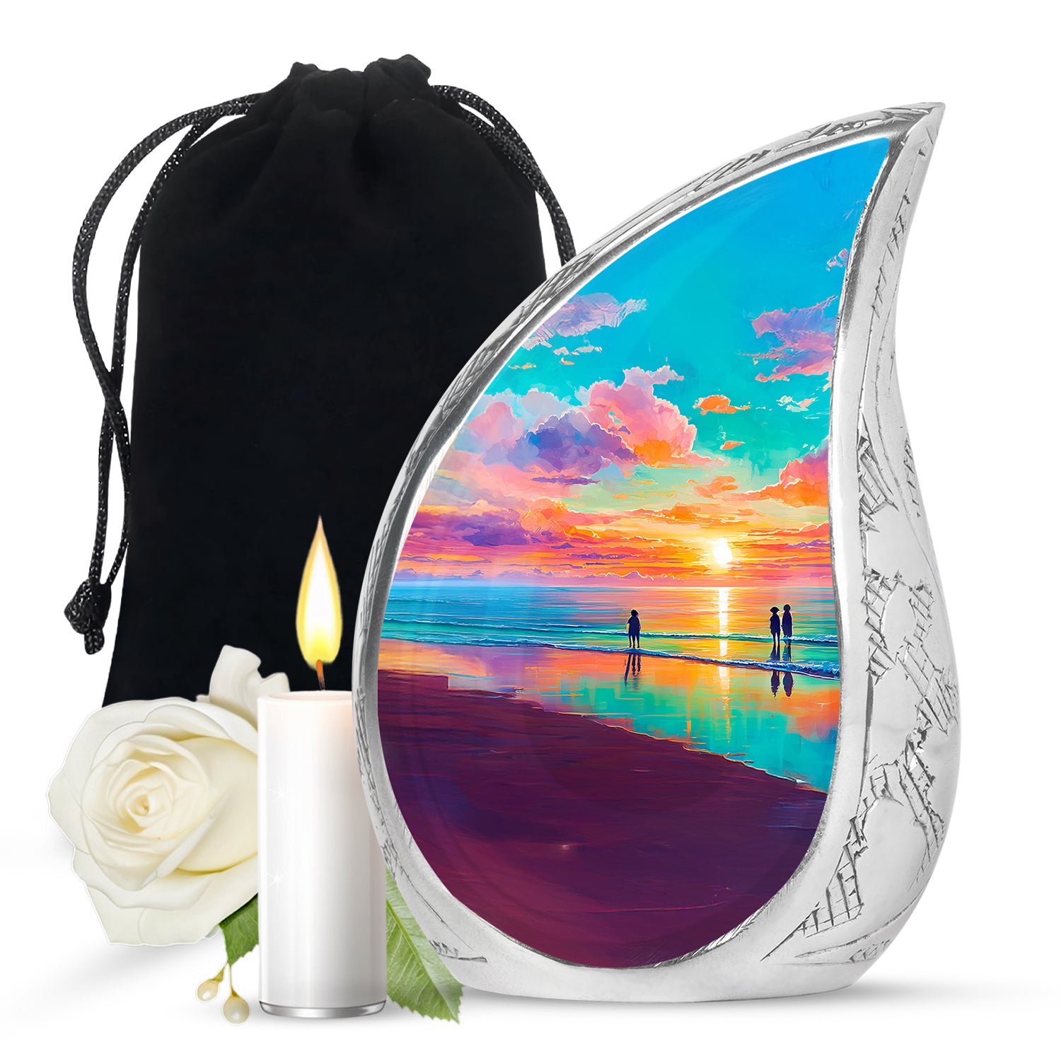 Tropical Teal Beach Cremation Urn front view showing detailed design - graceful tear-shaped urn with beach motif - full-size 10 inch 200 cubic inch adult cremation urn
