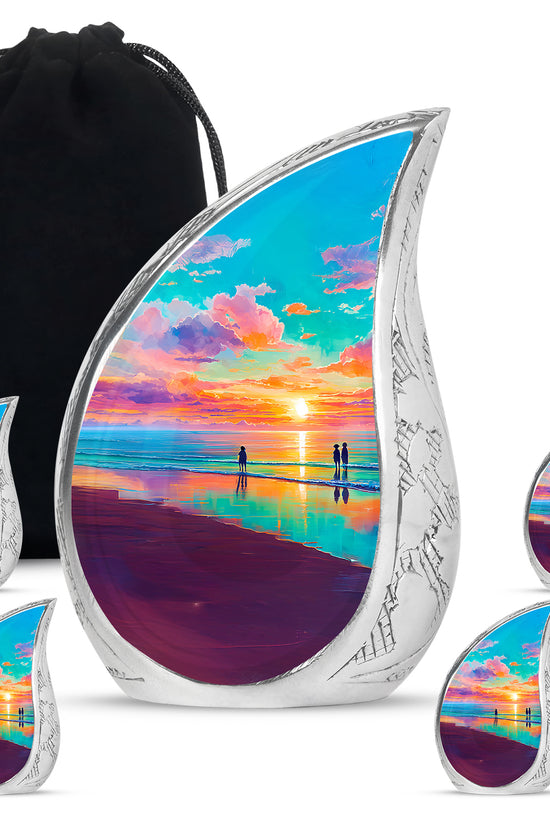 Deep Teal Beach Cremation Urn side profile showing urn shape - graceful tear-shaped urn with beach motif - memorial set with one large and four small urns