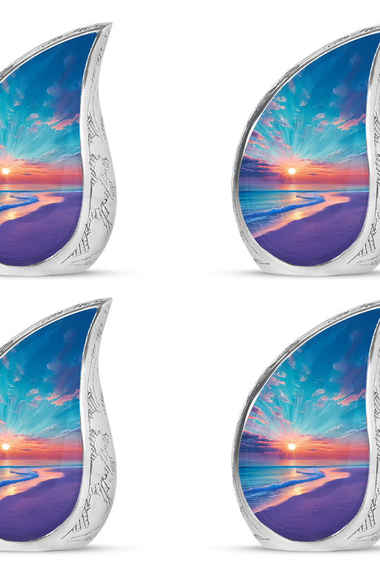 Tropical Teal Beach Cremation Urn close-up of engraving and surface detail - graceful tear-shaped urn with beach motif - 10 inch aluminum urn for cremated remains