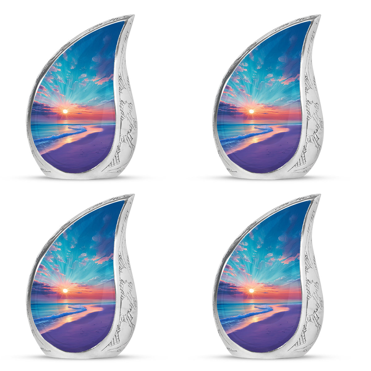 Tropical Teal Beach Cremation Urn close-up of engraving and surface detail - graceful tear-shaped urn with beach motif - 10 inch aluminum urn for cremated remains
