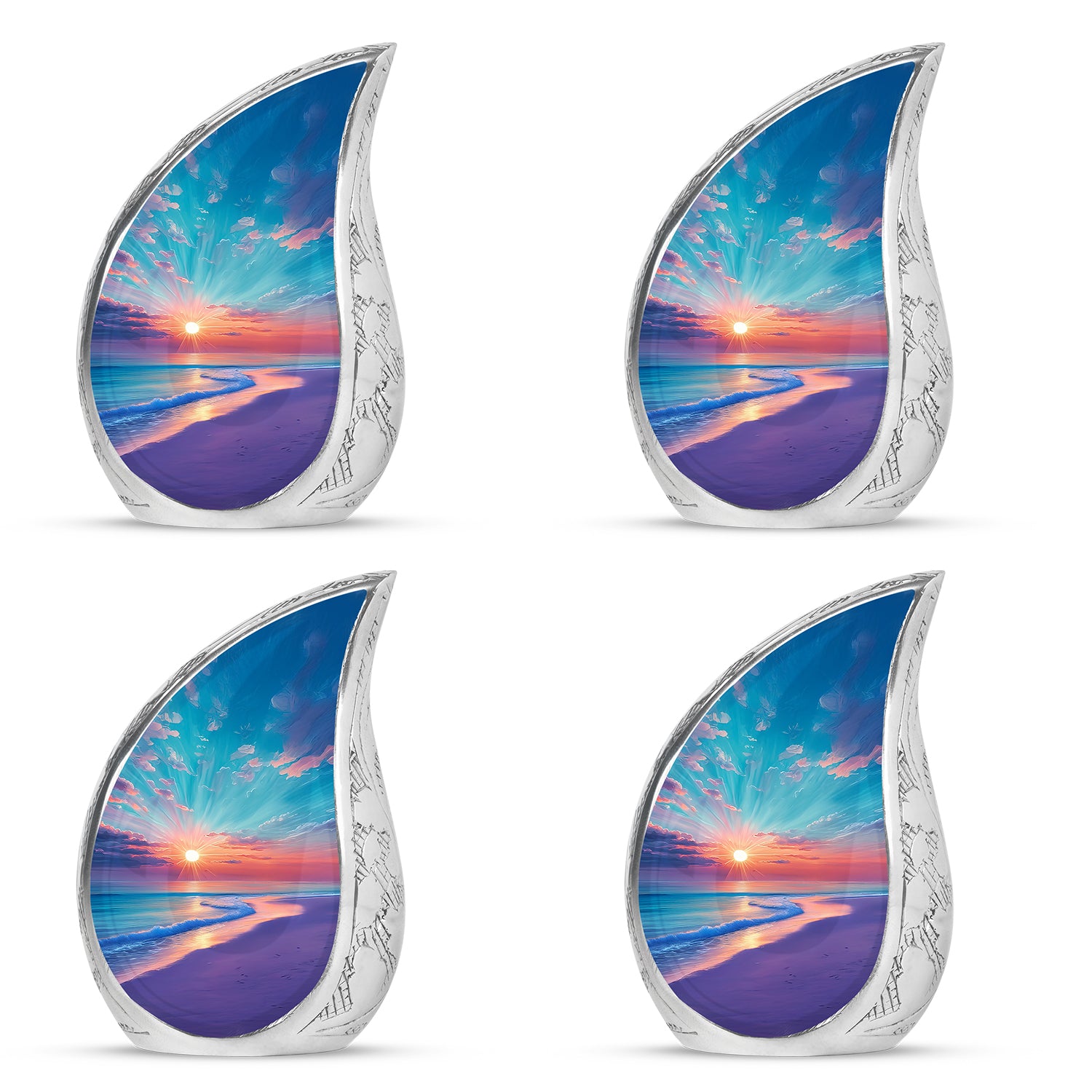 Tropical Teal Beach Cremation Urn close-up of engraving and surface detail - graceful tear-shaped urn with beach motif - 10 inch aluminum urn for cremated remains