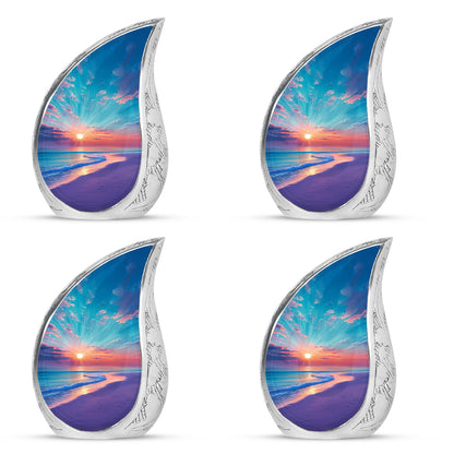 Tropical Teal Beach Cremation Urn close-up of engraving and surface detail - graceful tear-shaped urn with beach motif - 10 inch aluminum urn for cremated remains