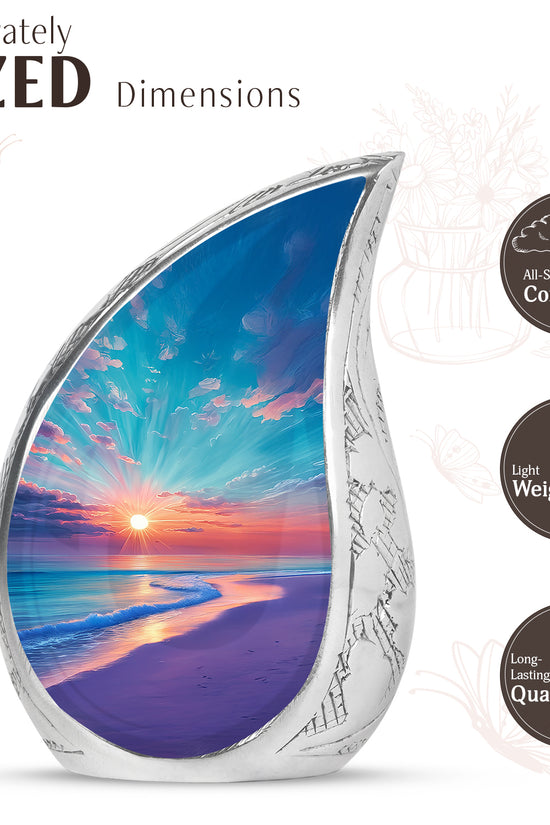 Vivid Teal Beach Cremation Urn angled view of lid and engraved motif - smooth teardrop contour featuring beach art - mini keepsake memorial for portion of cremation ashes