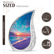 Vivid Teal Beach Cremation Urn angled view of lid and engraved motif - smooth teardrop contour featuring beach art - mini keepsake memorial for portion of cremation ashes