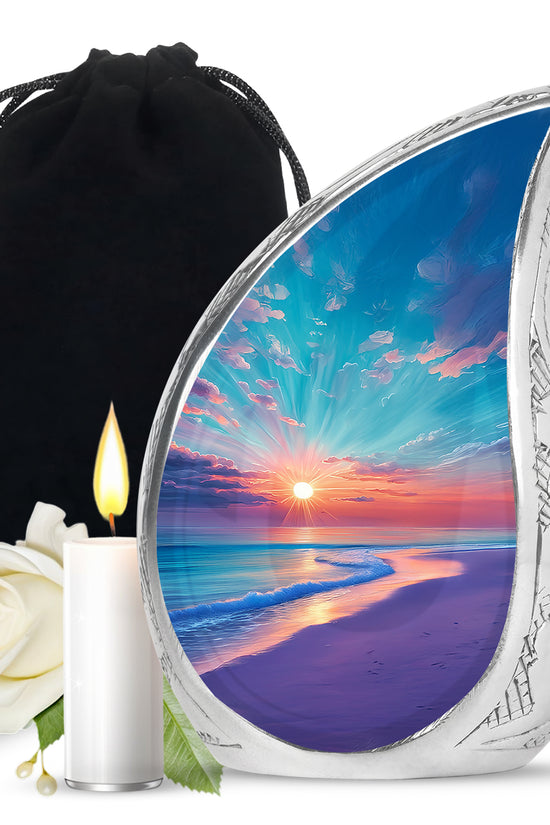 Jewel Teal Beach Cremation Urn front view showing detailed design - rounded teardrop beach design with delicate detail - full-size 10 inch 200 cubic inch adult cremation urn