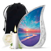 Jewel Teal Beach Cremation Urn front view showing detailed design - rounded teardrop beach design with delicate detail - full-size 10 inch 200 cubic inch adult cremation urn