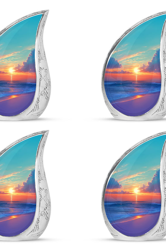 Aqua Teal Beach Cremation Urn close-up of engraving and surface detail - smooth teardrop contour featuring beach art - 10 inch aluminum urn for cremated remains