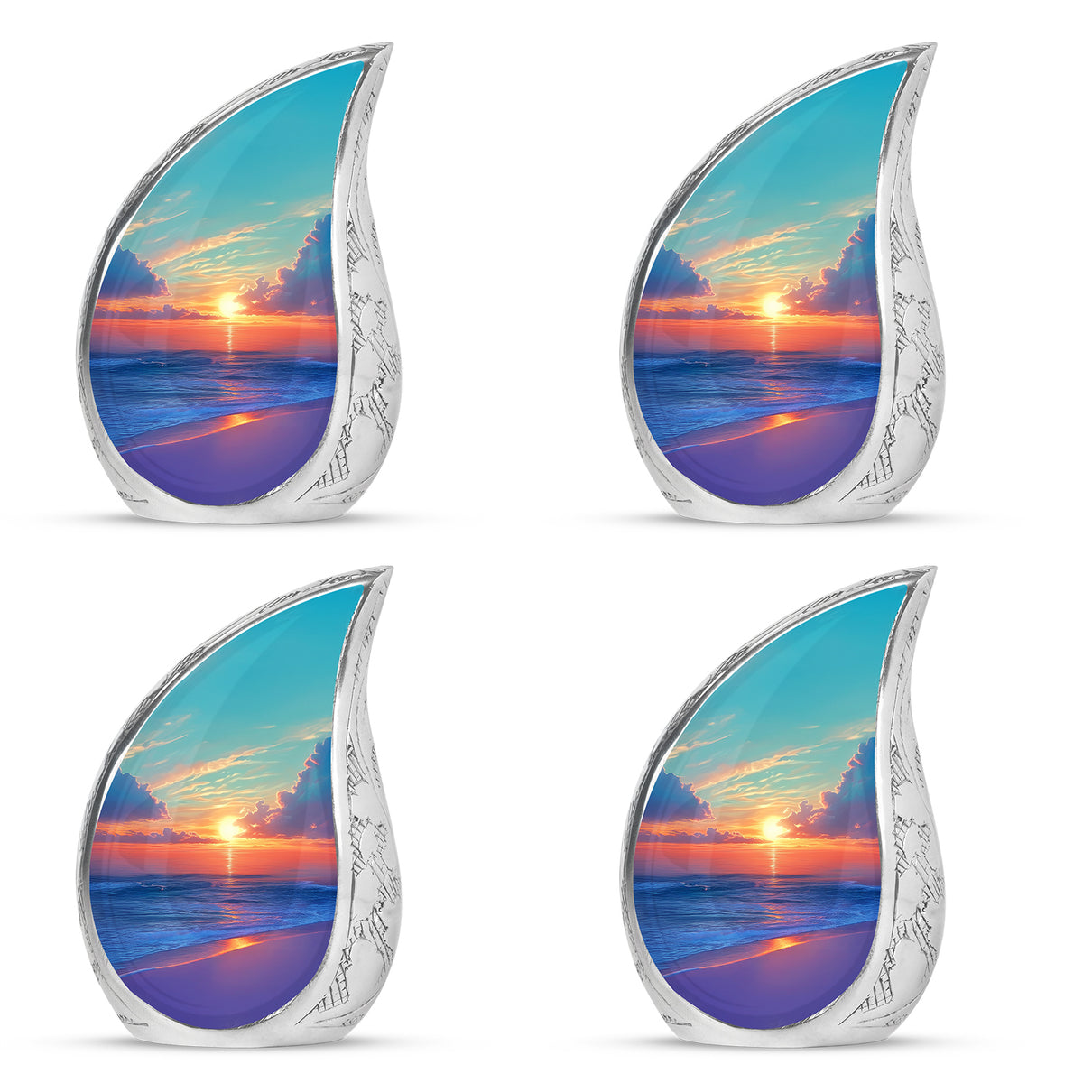 Aqua Teal Beach Cremation Urn close-up of engraving and surface detail - smooth teardrop contour featuring beach art - 10 inch aluminum urn for cremated remains