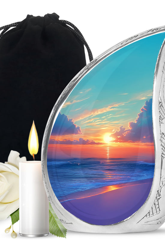 Vivid Teal Beach Cremation Urn front view showing detailed design - smooth teardrop contour featuring beach art - full-size 10 inch 200 cubic inch adult cremation urn