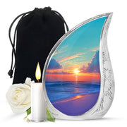 Vivid Teal Beach Cremation Urn front view showing detailed design - smooth teardrop contour featuring beach art - full-size 10 inch 200 cubic inch adult cremation urn