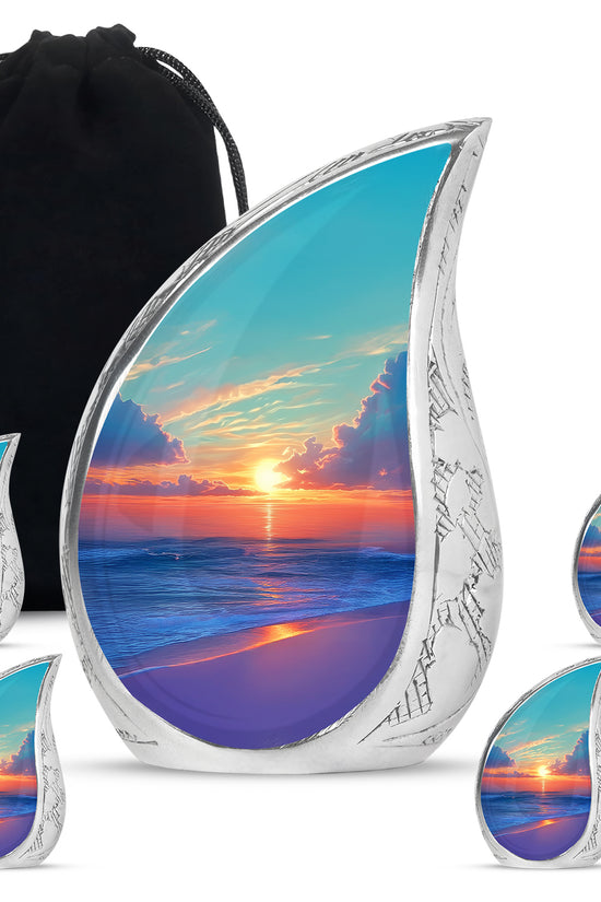 Deep Teal Beach Cremation Urn side profile showing urn shape - graceful tear-shaped urn with beach motif - memorial set with one large and four small urns