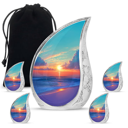 Deep Teal Beach Cremation Urn side profile showing urn shape - graceful tear-shaped urn with beach motif - memorial set with one large and four small urns