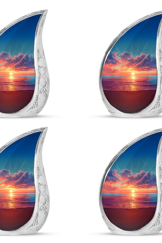 Twilight Blue Beach Cremation Urn close-up of engraving and surface detail - smooth teardrop contour featuring beach art - 10 inch aluminum urn for cremated remains