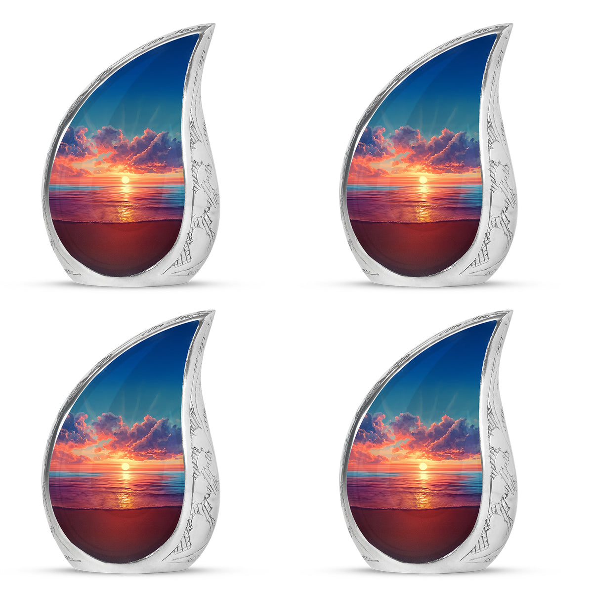 Twilight Blue Beach Cremation Urn close-up of engraving and surface detail - smooth teardrop contour featuring beach art - 10 inch aluminum urn for cremated remains