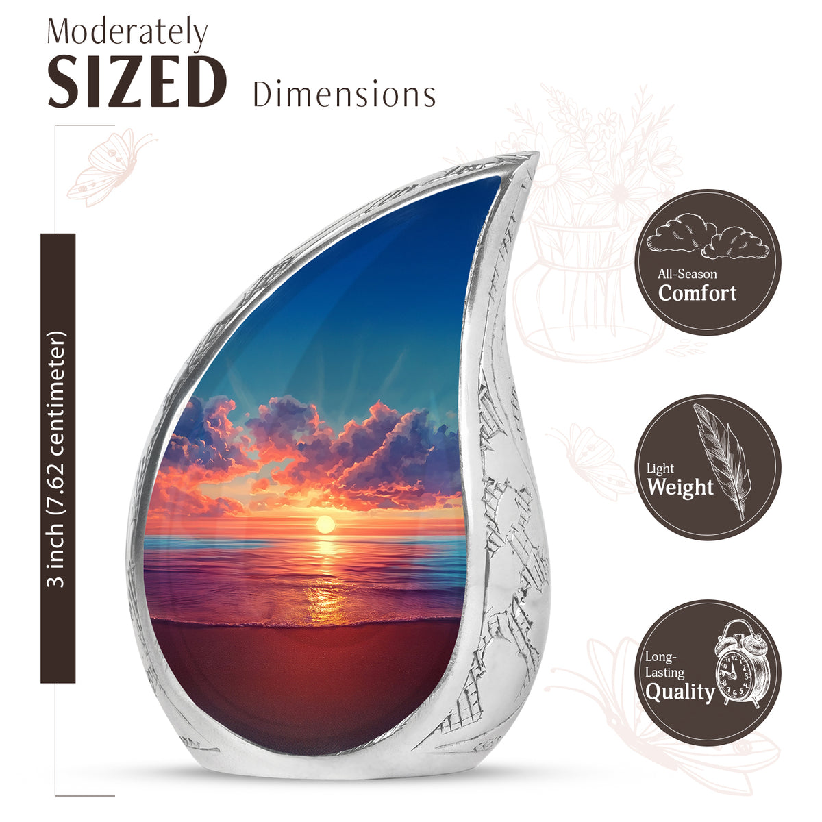 Twilight Blue Beach Cremation Urn angled view of lid and engraved motif - graceful tear-shaped urn with beach motif - mini keepsake memorial for portion of cremation ashes