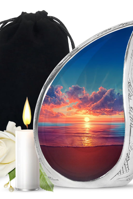 Sapphire Blue Beach Cremation Urn front view showing detailed design - smooth teardrop contour featuring beach art - full-size 10 inch 200 cubic inch adult cremation urn