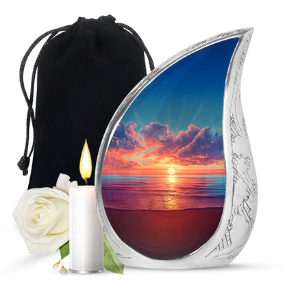 Sapphire Blue Beach Cremation Urn front view showing detailed design - smooth teardrop contour featuring beach art - full-size 10 inch 200 cubic inch adult cremation urn