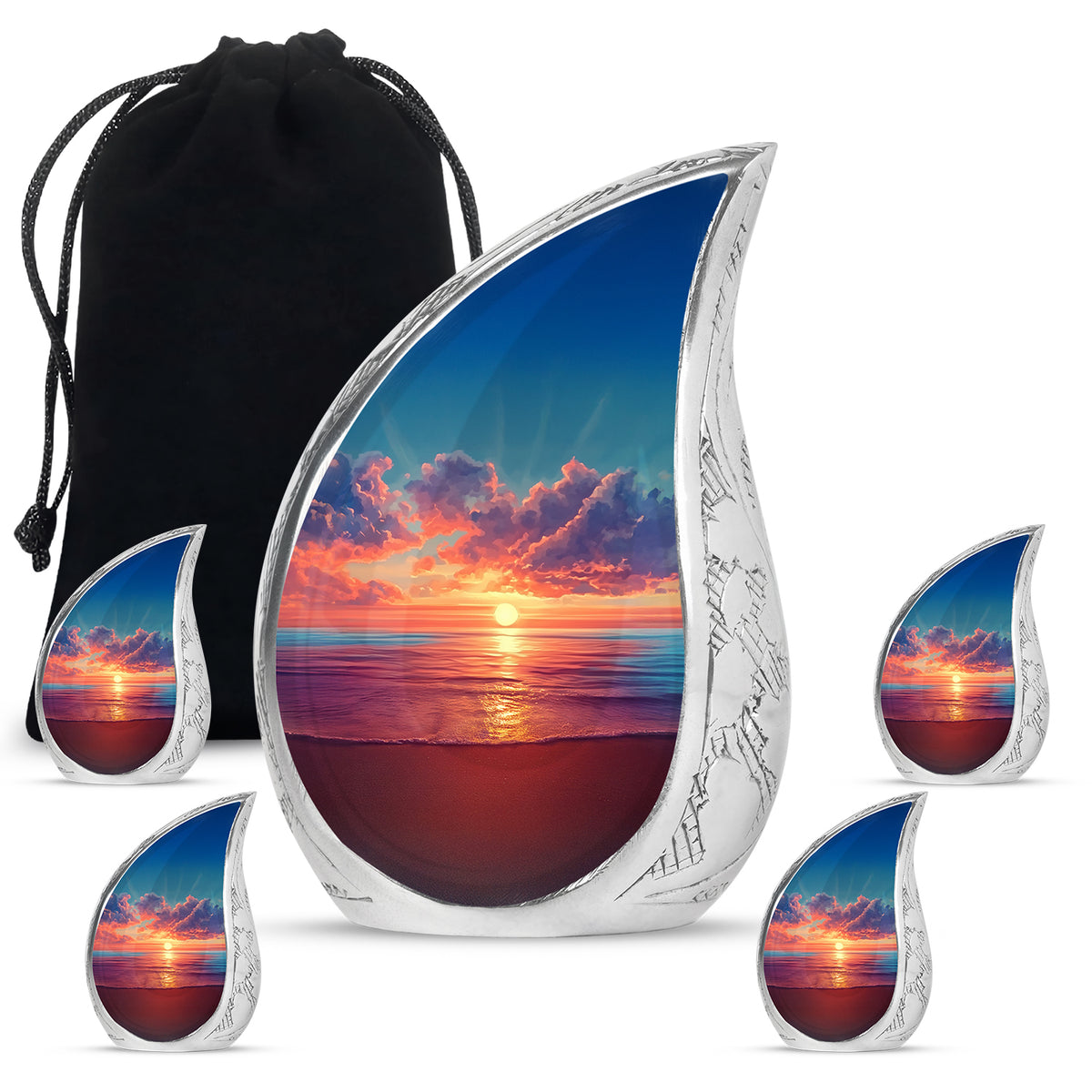 Icy Blue Beach Cremation Urn side profile showing urn shape - flowing teardrop beach silhouette on curved aluminum - memorial set with one large and four small urns