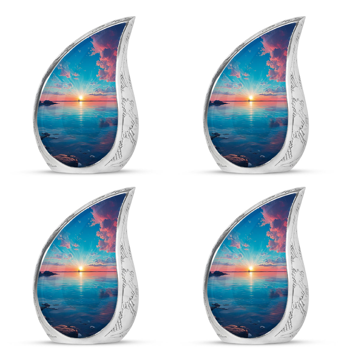 Sea Green Teal Beach Cremation Urn close-up of engraving and surface detail - flowing teardrop beach silhouette on curved aluminum - 10 inch aluminum urn for cremated remains